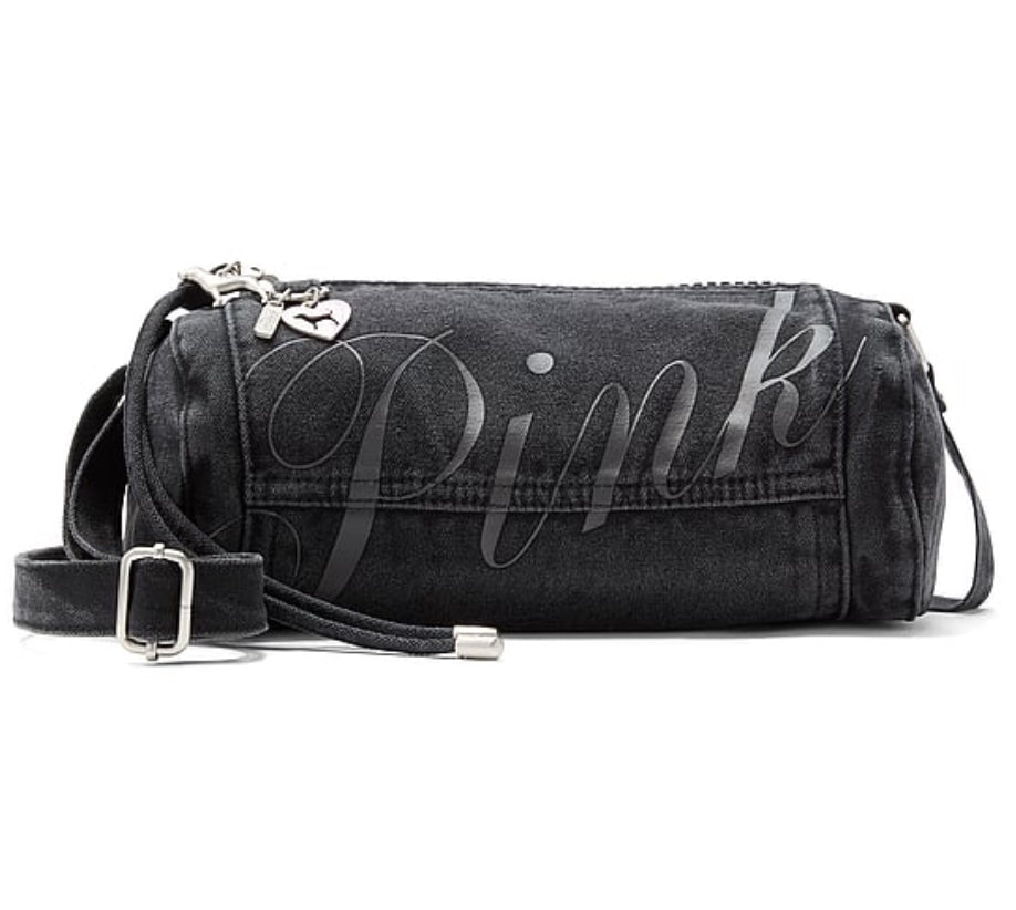 New VS Pink Black Canvas Rolled Mini Duffle Shoulder Bag Crossbody Viral