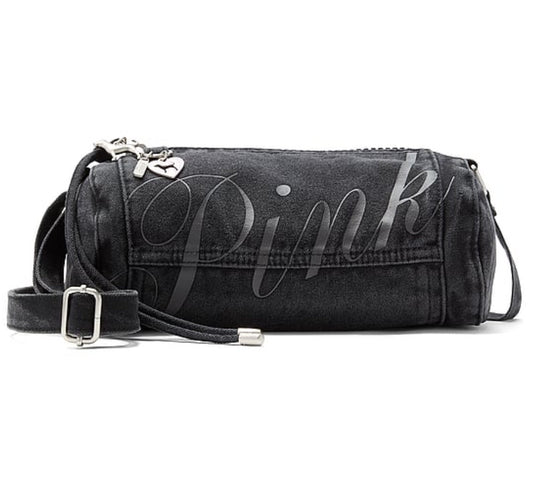 New VS Pink Black Canvas Rolled Mini Duffle Shoulder Bag Crossbody Viral