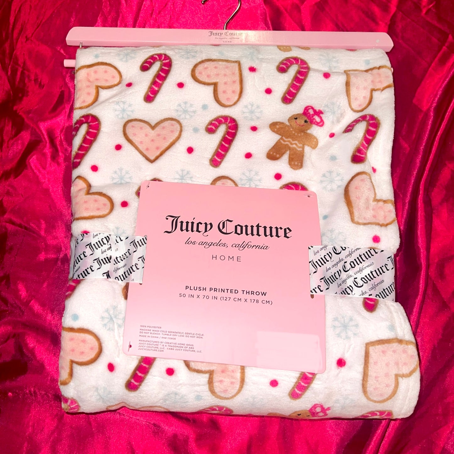 New Juicy Couture Blanket Holiday Christmas Throw Candy Cane Hearts 50 x 70 inch