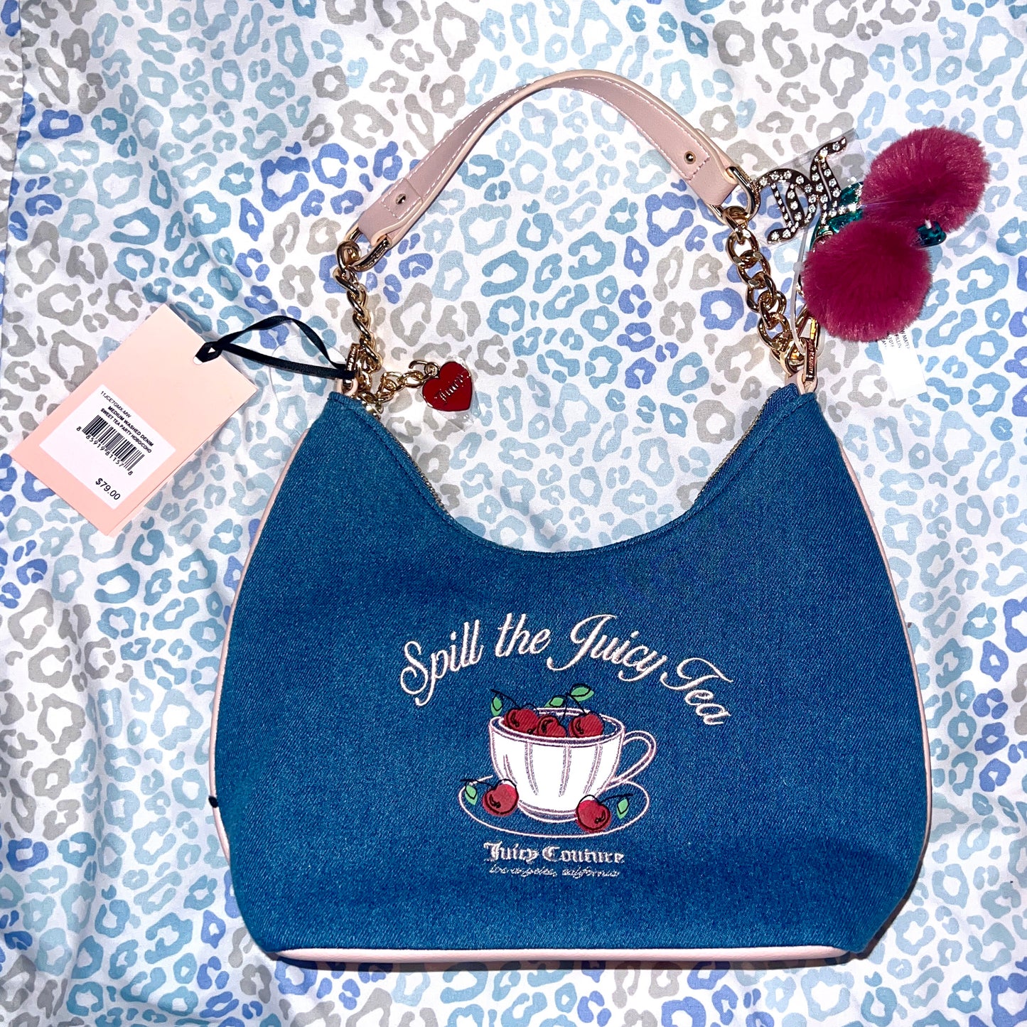 New Blue Juicy Couture Purse Satchel Bag Handbag Spill The Juicy Tea Denim