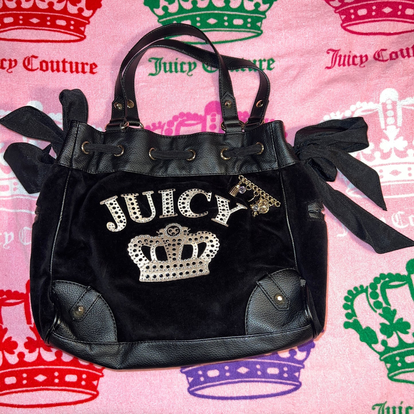 Vintage Black Juicy Couture Purse Tote Bag Satchel Velour Daydreamer Y2K Handbag