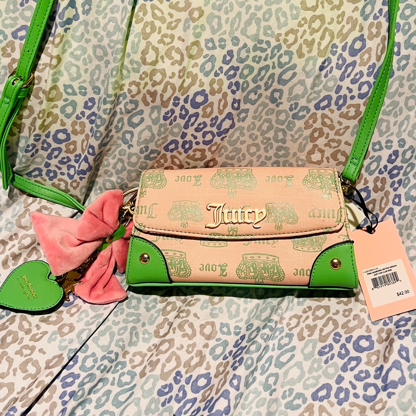 New Green Pink Juicy Couture Purse Crossbody Bag Retro Juicy Fan Club