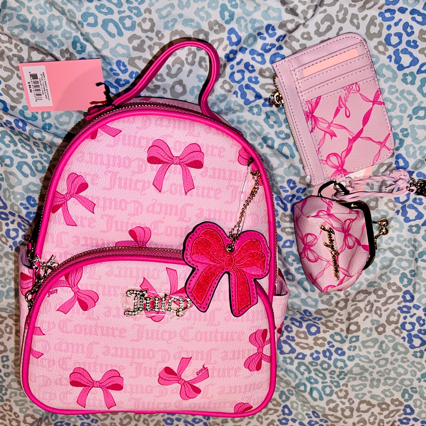 New Pink Juicy Couture Backpack Set w/ Wallet + Coin Purse Pouch NWT Ribbon Bow