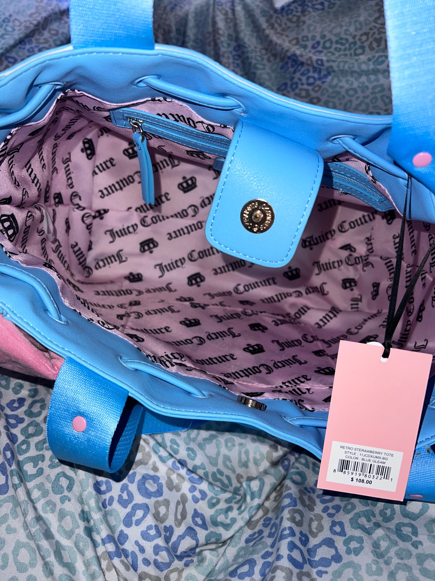 New Blue Juicy Couture Purse Handbag Daydreamer Tote Bag Strawberry Terry Cloth