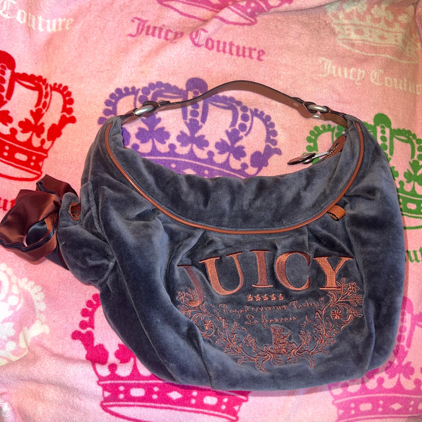 Vintage Brown Blue Juicy Couture Purse Satchel Bag Handbag Velour Y2K