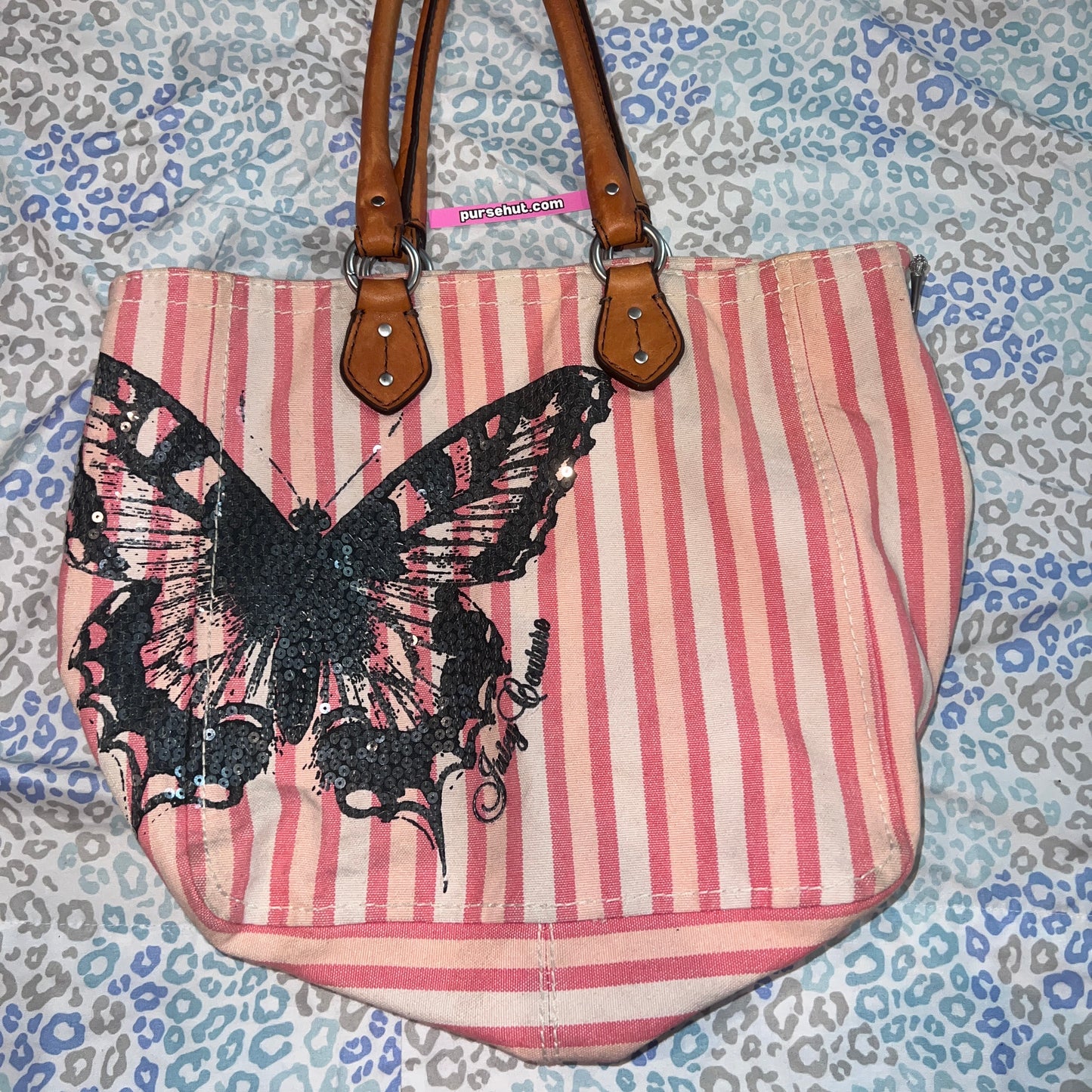 Vintage Pink Juicy Couture Purse Tote Bag Handbag Striped Butterfly Y2K