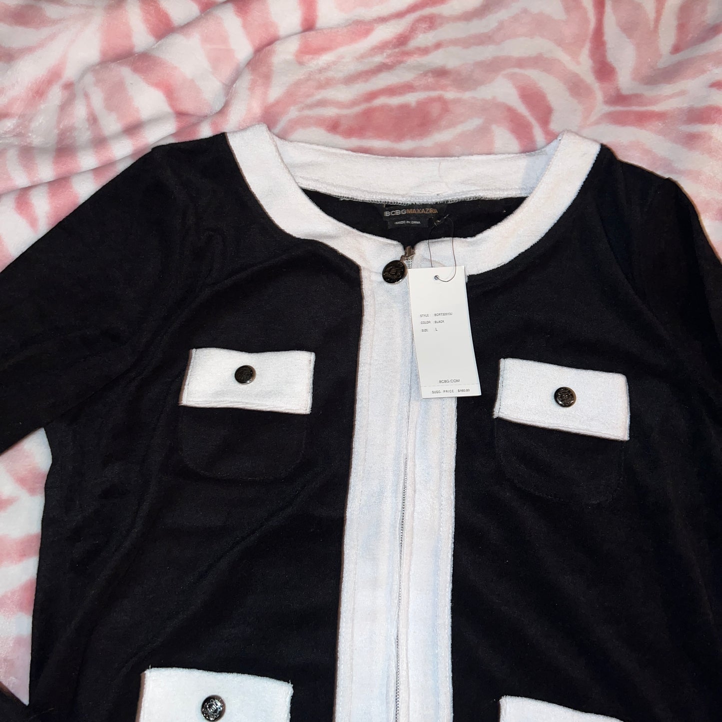 New Large White Black BCBG 2-Piece Tracksuit Jacket + Track Pants Set MSRP $160