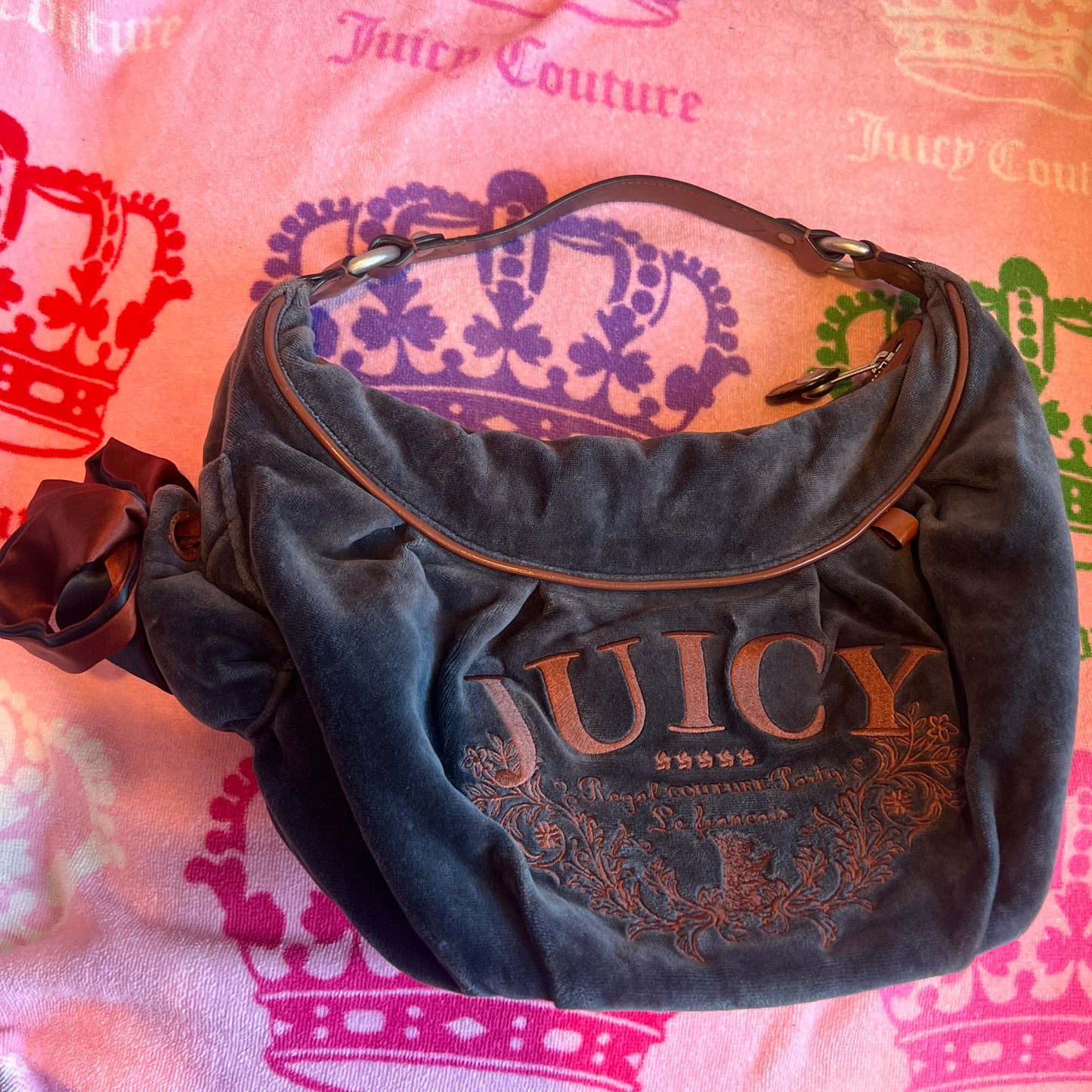 Vintage Brown Blue Juicy Couture Purse Satchel Bag Handbag Velour Y2K