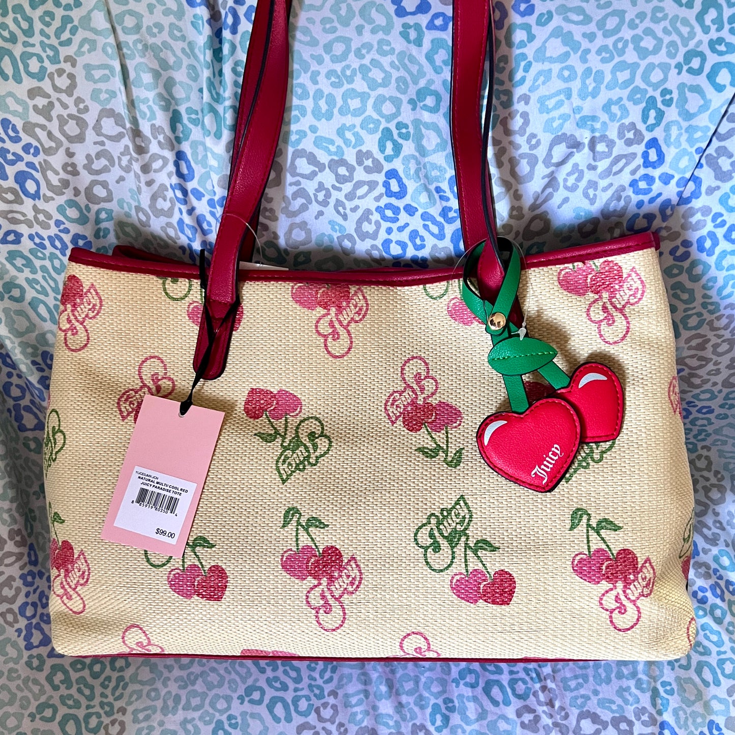 New Red Tan Juicy Couture Cherry Tote Bag Purse Handbag Vintage Style Straw Bag