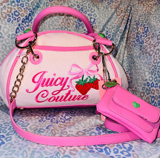 New Pink Juicy Couture Purse Bowler Bag Handbag Satchel Strawberry Terry Cloth