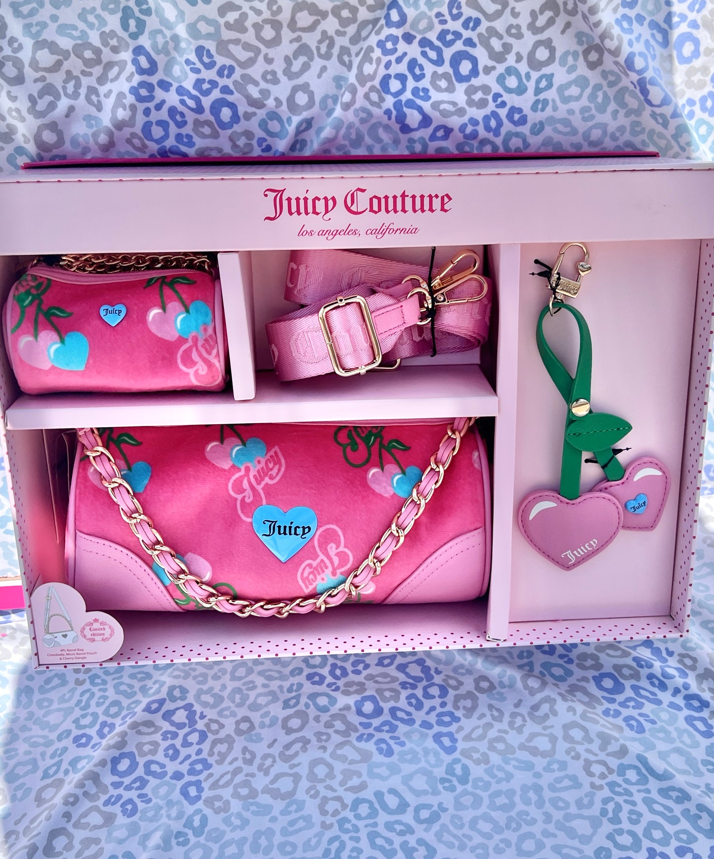 New Salmon Juicy Couture Purse Set Cherry Velour Barrel Bag + Mini Bag + Charm