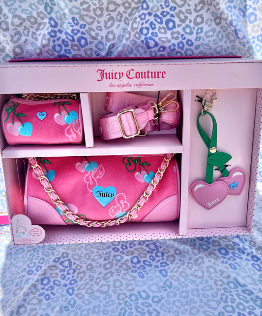 New Salmon Juicy Couture Purse Set Cherry Velour Barrel Bag + Mini Bag + Charm