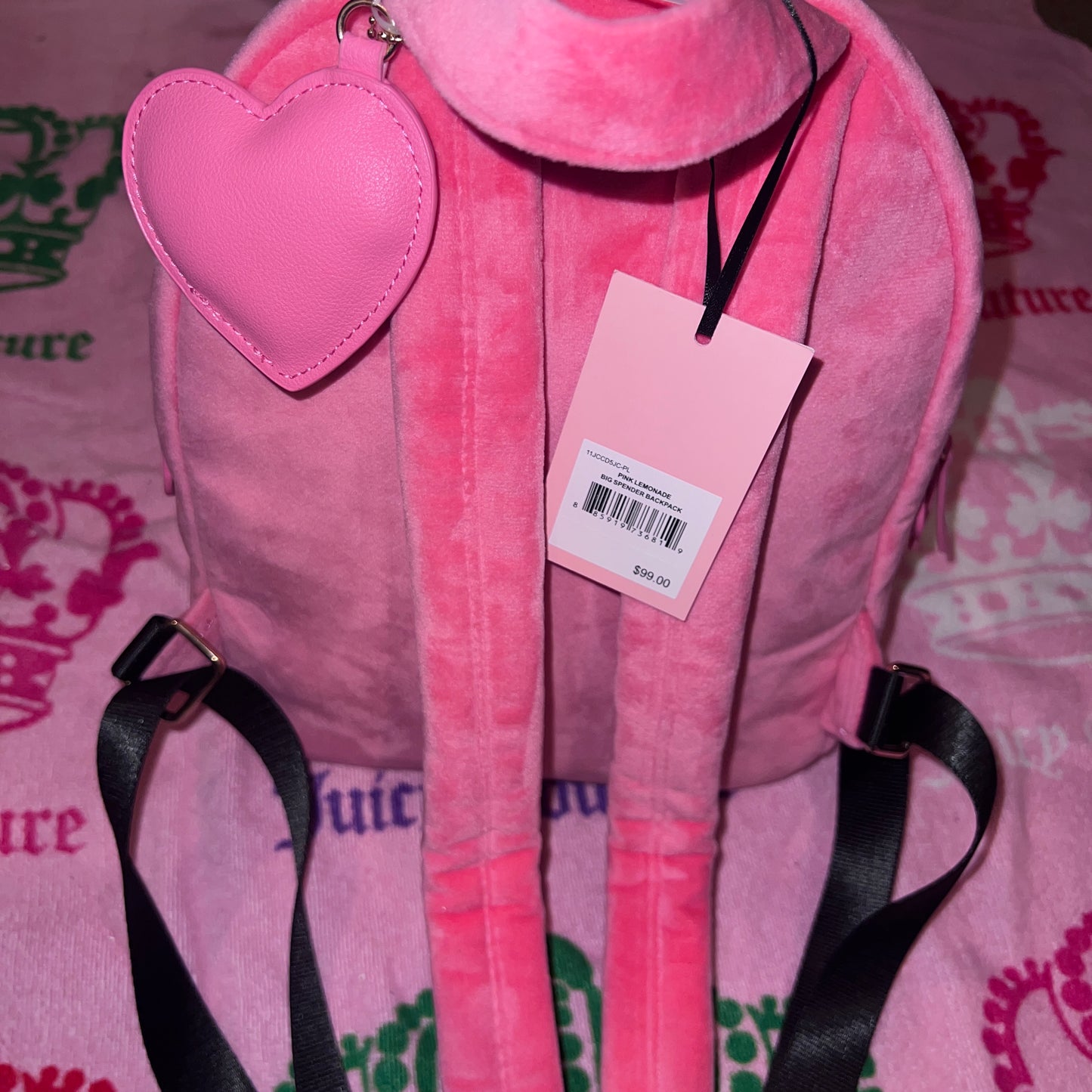 New Pink Juicy Couture Backpack + Bag Charm NWT Purse Bag Velvet MSRP $99