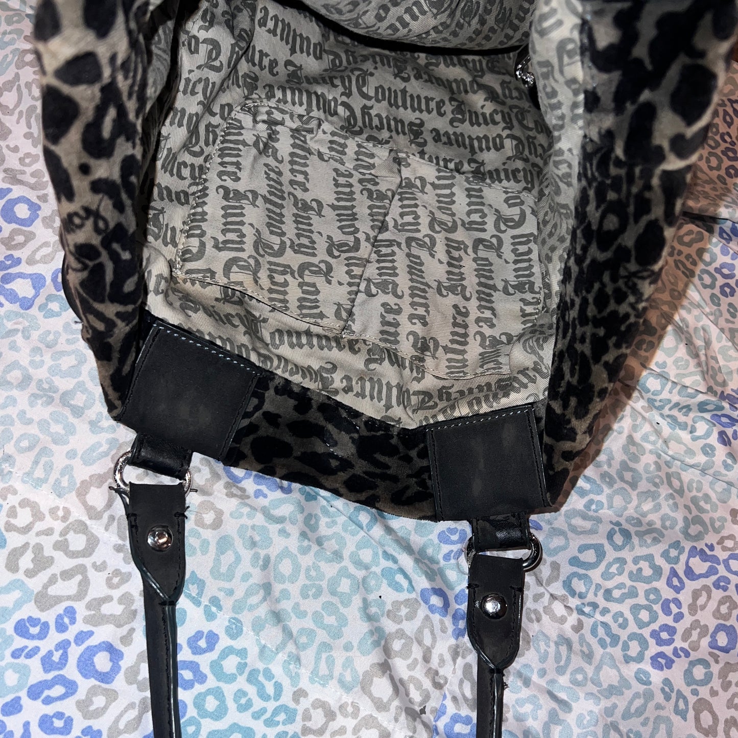 Vintage Grey Black Juicy Couture Handbag Satchel Bag Purse Velour Y2K Cheetah