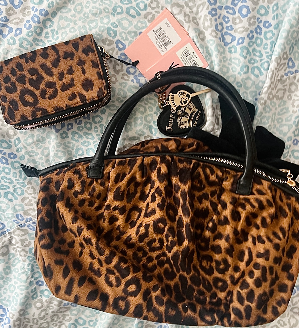 New Tan Black Couture Leopard Cheetah Satchel Bag Purse + Wallet Set Fairy Tale