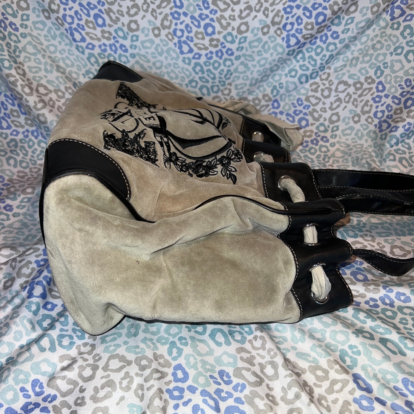 Vintage Grey Black Juicy Couture Tote Bag Purse Daydreamer Velour Handbag Y2K