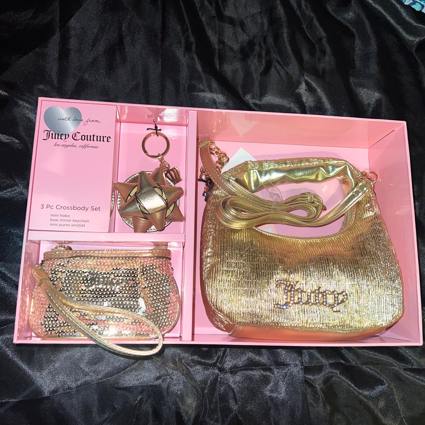 New Gold Juicy Couture Crossbody Bag Purse Handbag + Pouch + Charm Gift Set