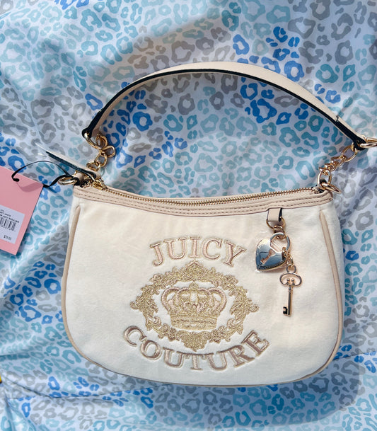 New Cream Juicy Couture Purse Shoulder Bag Velour Handbag MSRP $99 Vintage Style