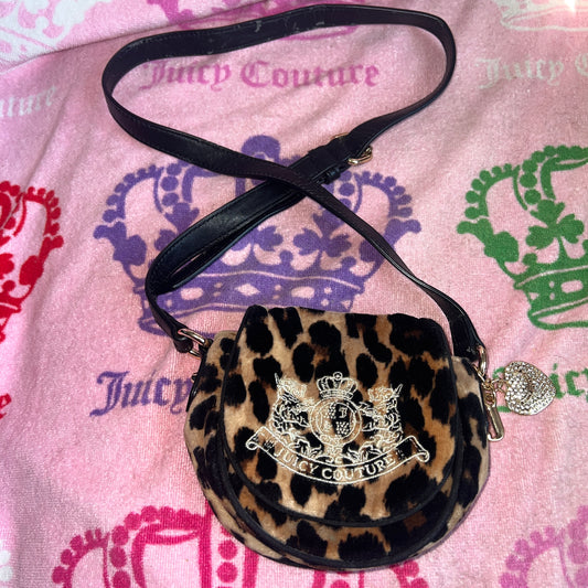 Vintage Black Brown Juicy Couture Purse Crossbody Bag Handbag Cheetah Velour Y2K