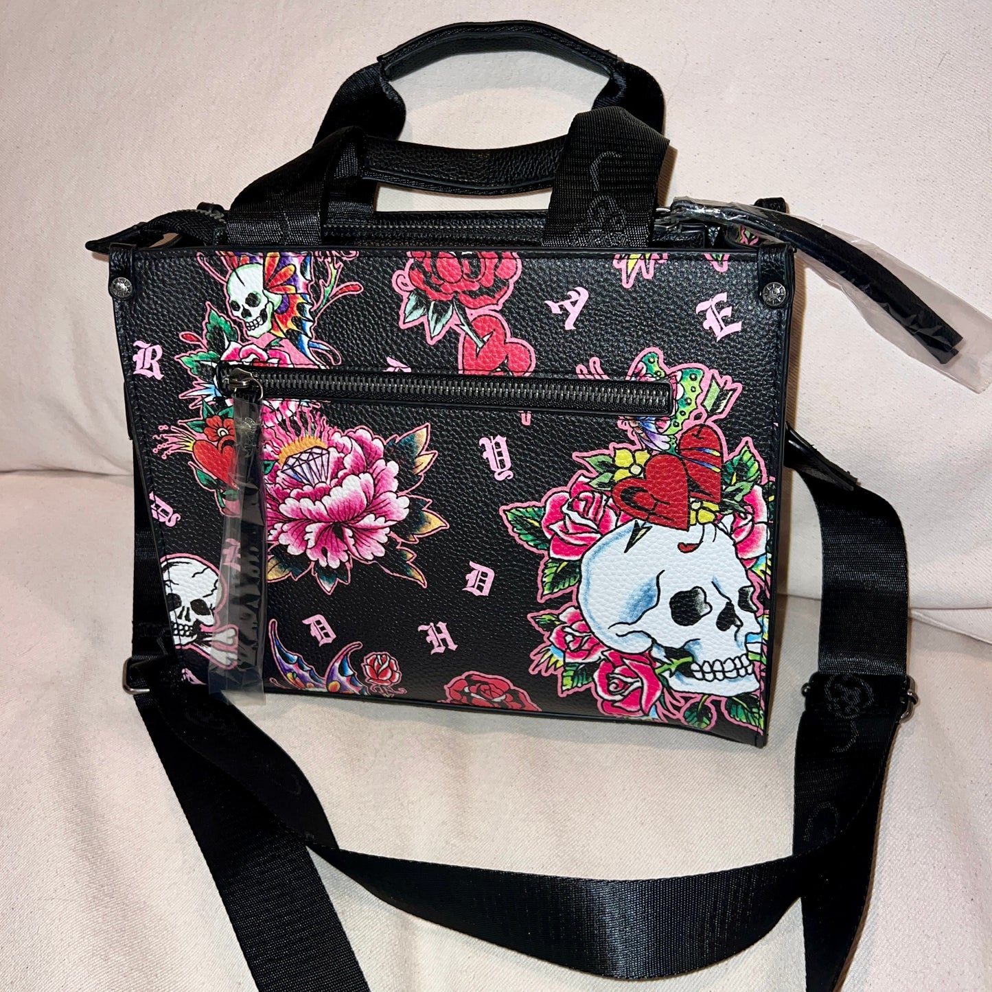 New Black Ed Hardy Crossbody Purse Bag Tattoo Y2K Heart Rose Skull MSRP $75