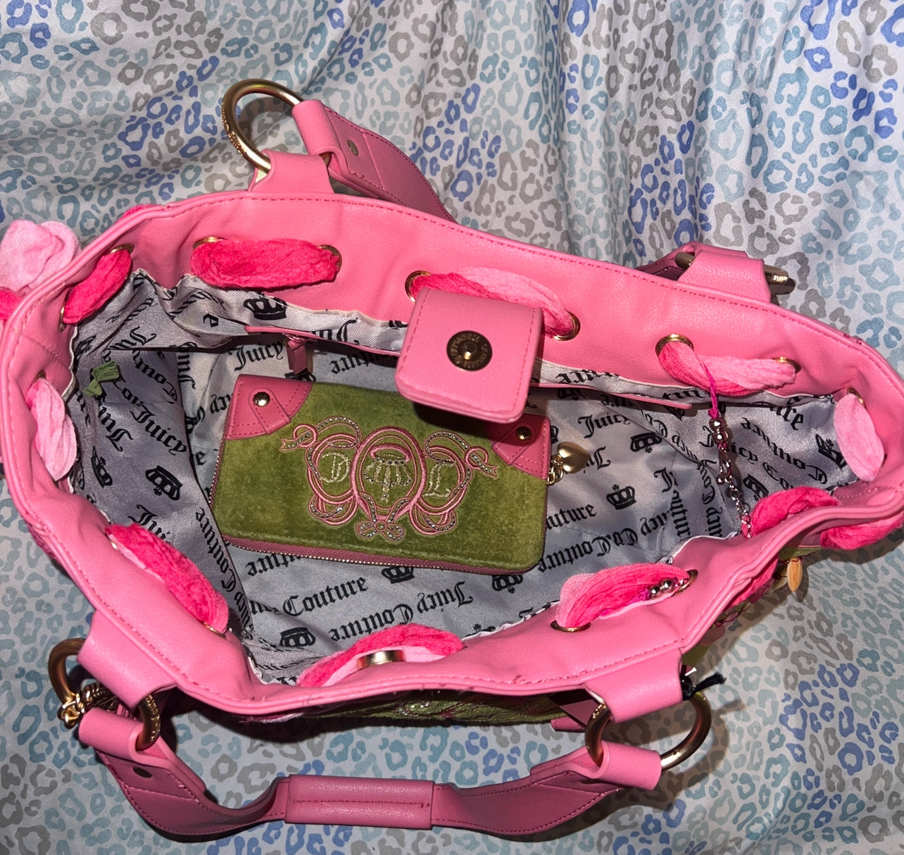 New Pink Green Juicy Couture Tote Bag + Wallet Custom Dyed Purse Vintage Style
