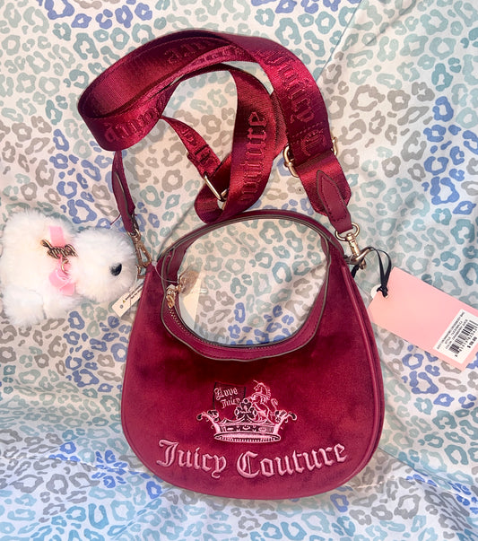 New Red Maroon Juicy Couture Purse Satchel Bag Handbag Crown Crossbody Velour