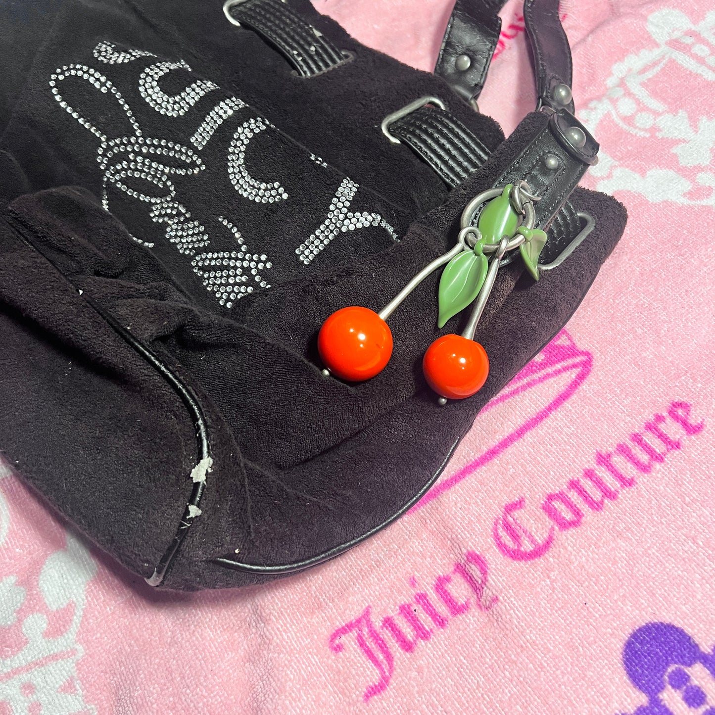 Vintage Black Juicy Couture Purse Satchel Bag Handbag Terry Cloth Y2K Cherry