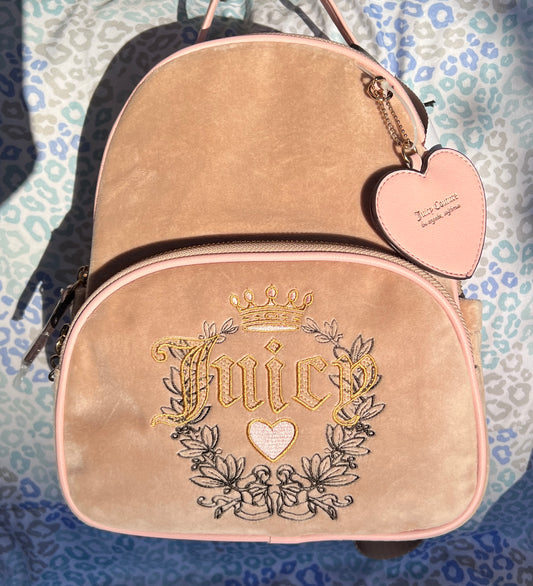 New Pink Tan Juicy Couture Backpack Purse Bag Velour Vintage Style