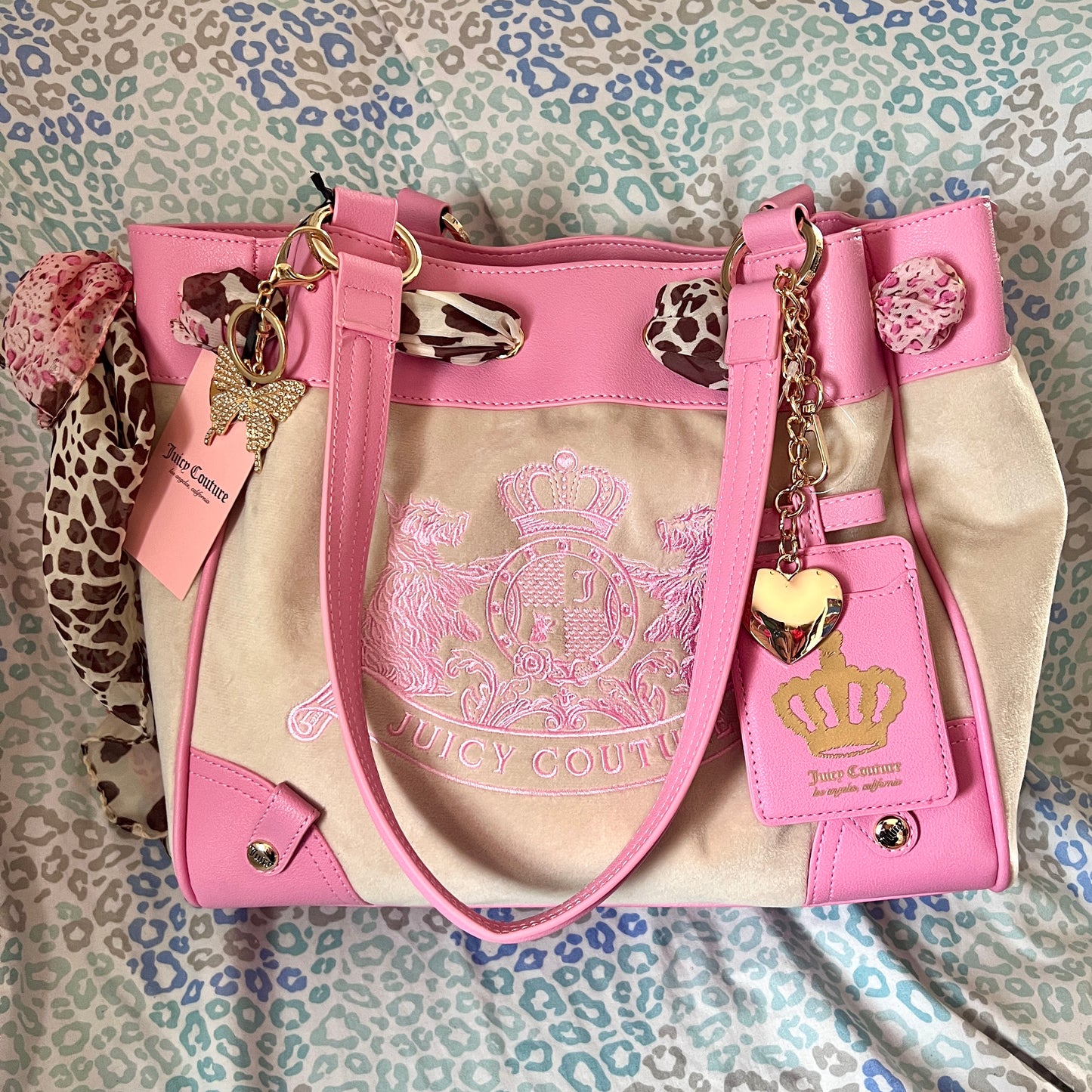 New Pink Beige Juicy Couture Purse Daydreamer Tote Bag Velour Scottie Dog Custom