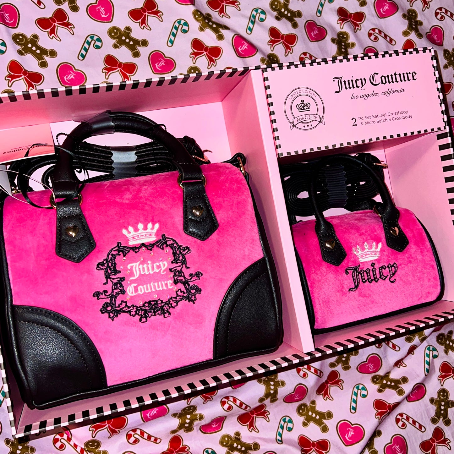 New Pink Juicy Couture Purse Set of 2 Mommy & Me Satchel Crossbody Bags Velour
