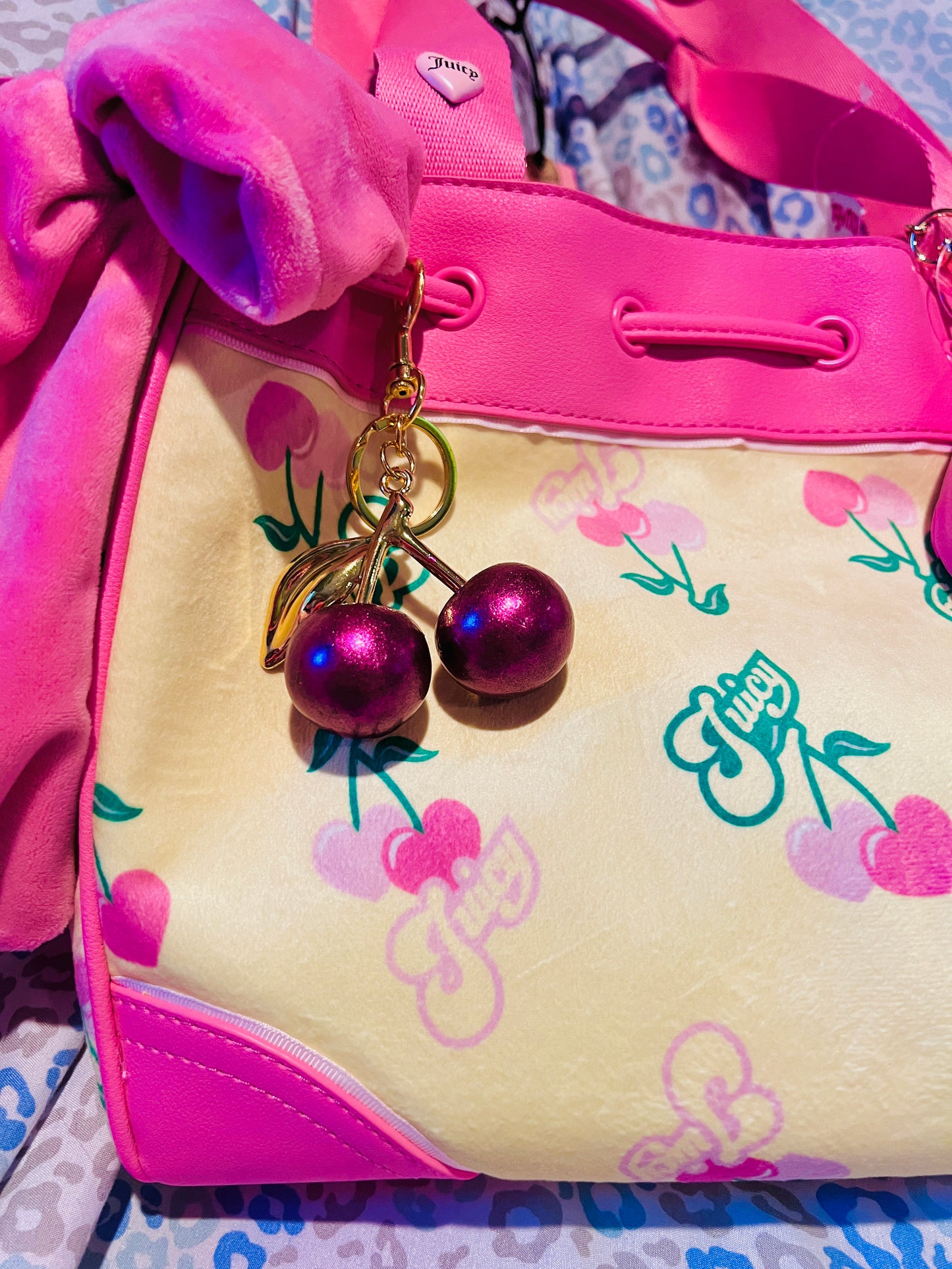 New Pink Yellow Juicy Couture Purse + Charms Cherry Daydreamer Tote Bag Handbag
