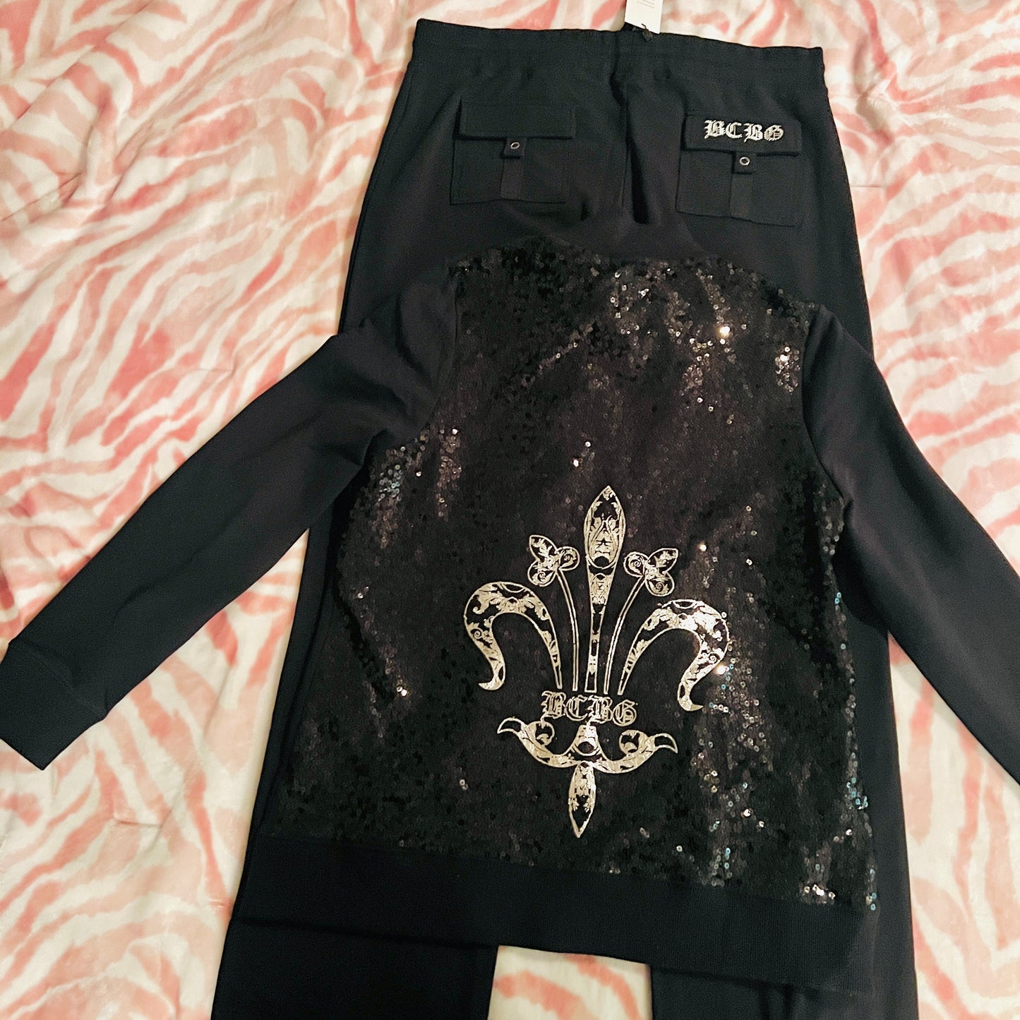 New XL Black BCBG 2-Piece Tracksuit Jacket + Track Pants Sequin Set MSRP $160