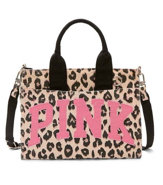New VS PINK Leopard Cheetah Print Hot Pink Logo Mini Crossbody Tote Bag Viral