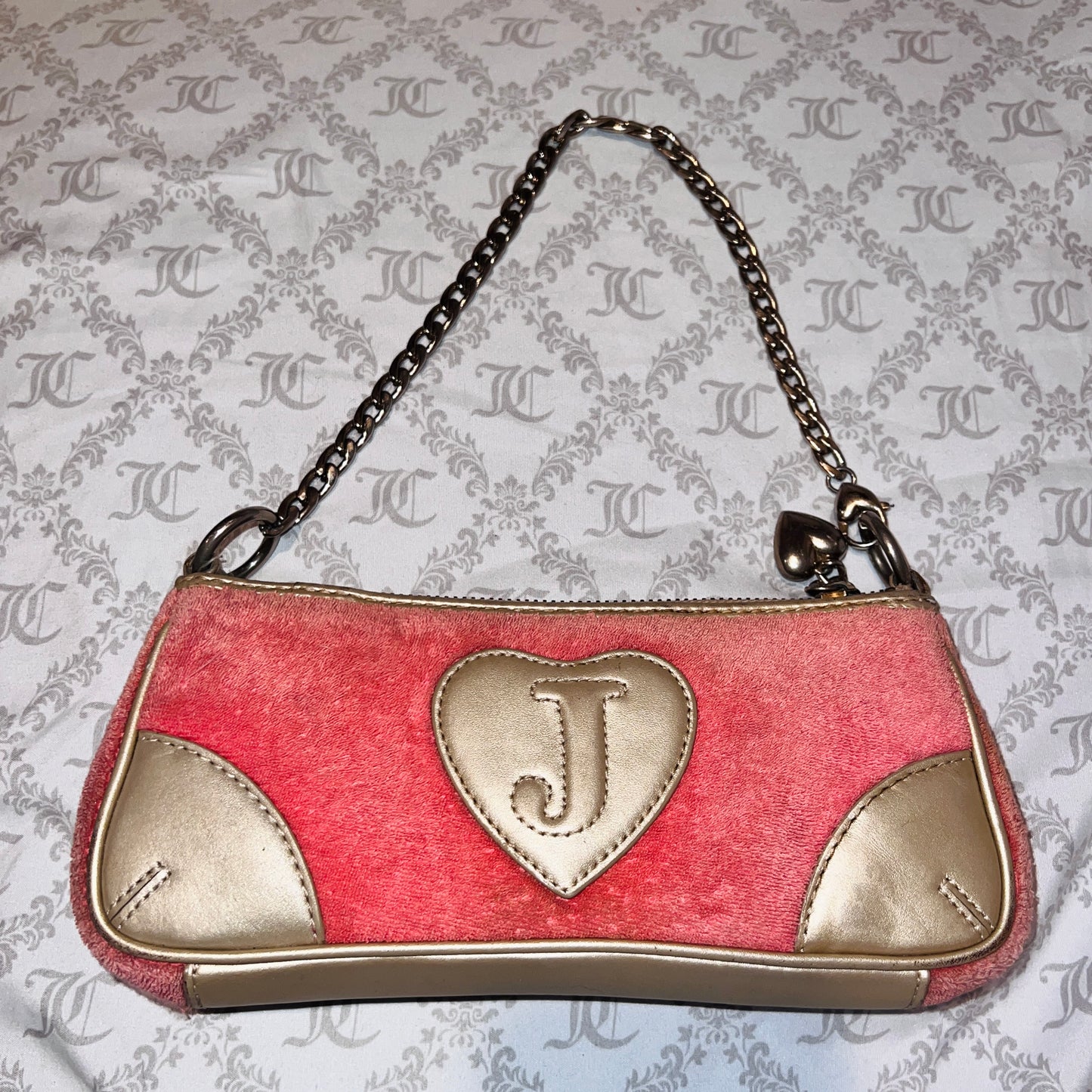 Vintage Gold Salmon Pink Juicy Couture Purse Bag Clutch Handbag Y2K Terry Cloth