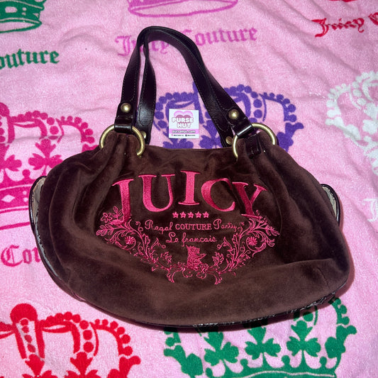 Vintage Pink Brown Juicy Couture Satchel Bag Purse Handbag Velour Y2K