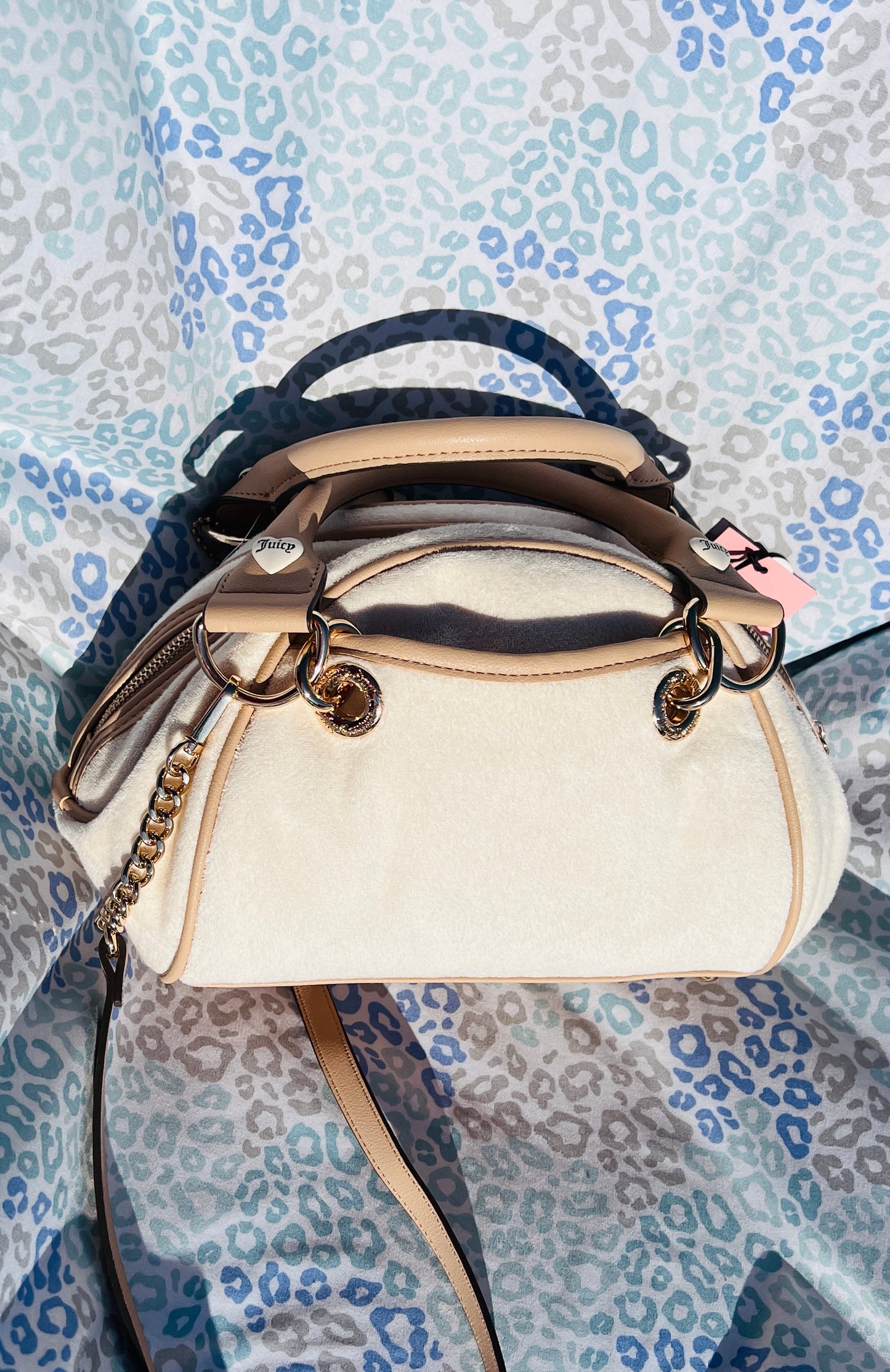 New Tan Cream Juicy Couture Purse Bowler Bag Handbag Terry Cloth Ice Cream Charm