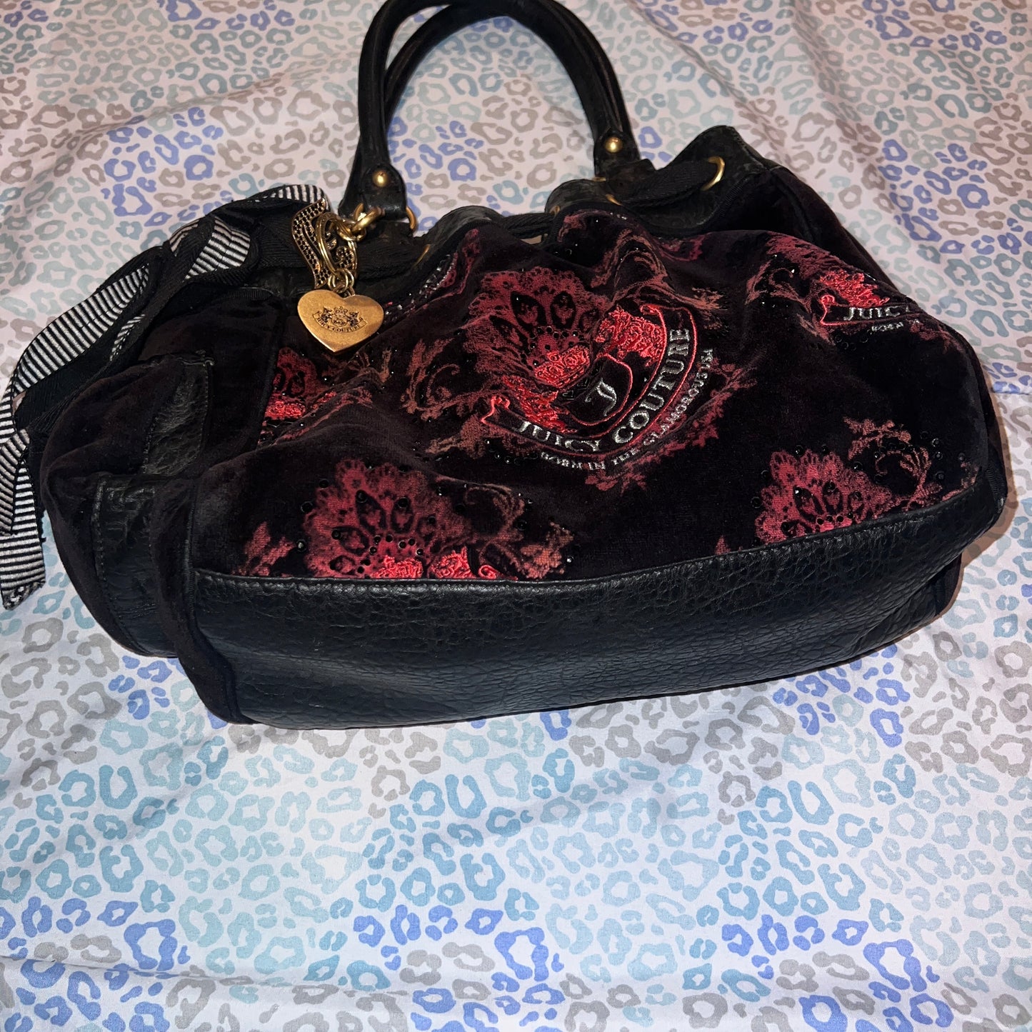 Vintage Red Black Juicy Couture Purse Tote Bag Handbag Velour Y2K Mcbling Rare