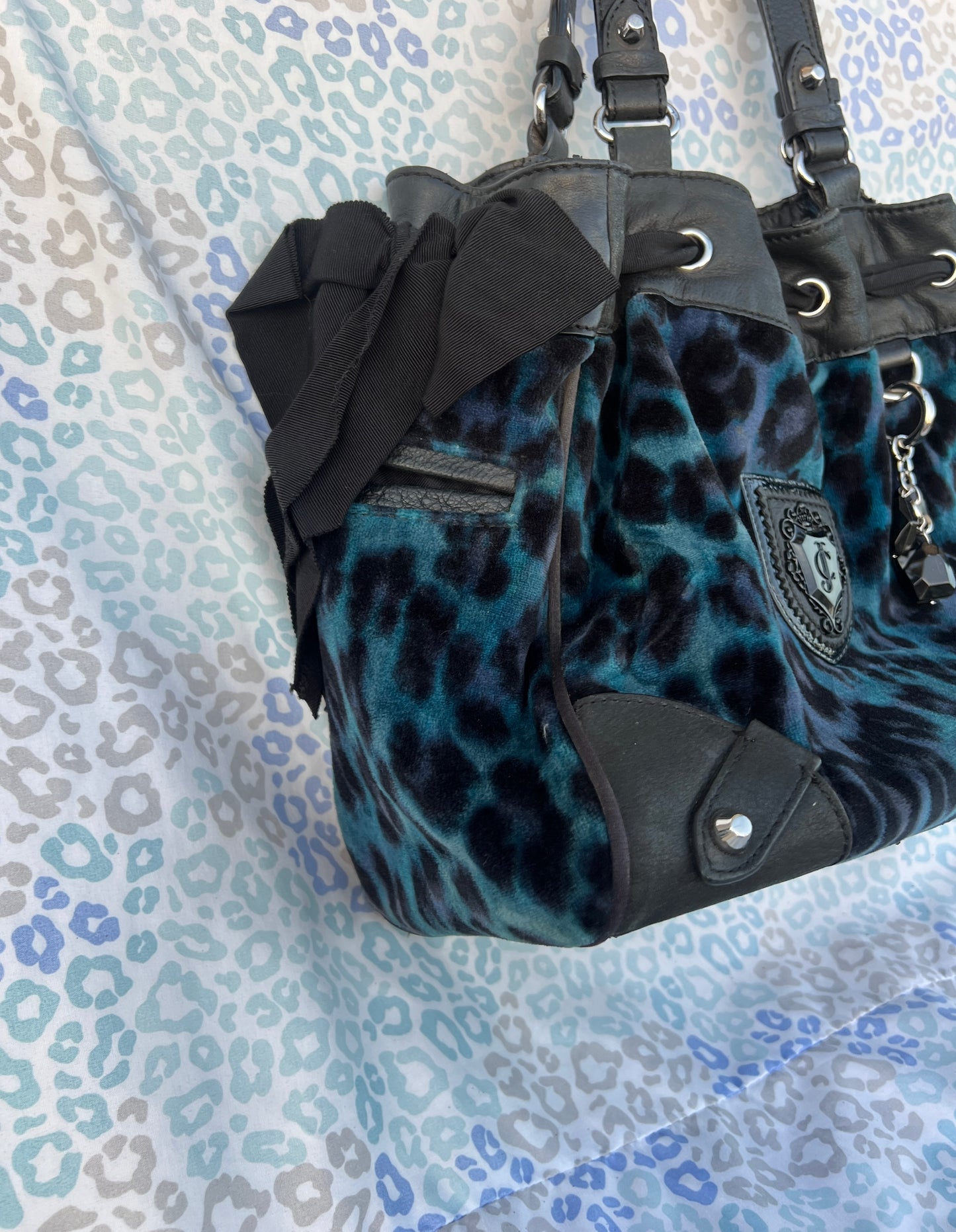 Vintage Rare Blue Juicy Couture Purse Handbag Daydreamer Tote Bag Leopard Velvet
