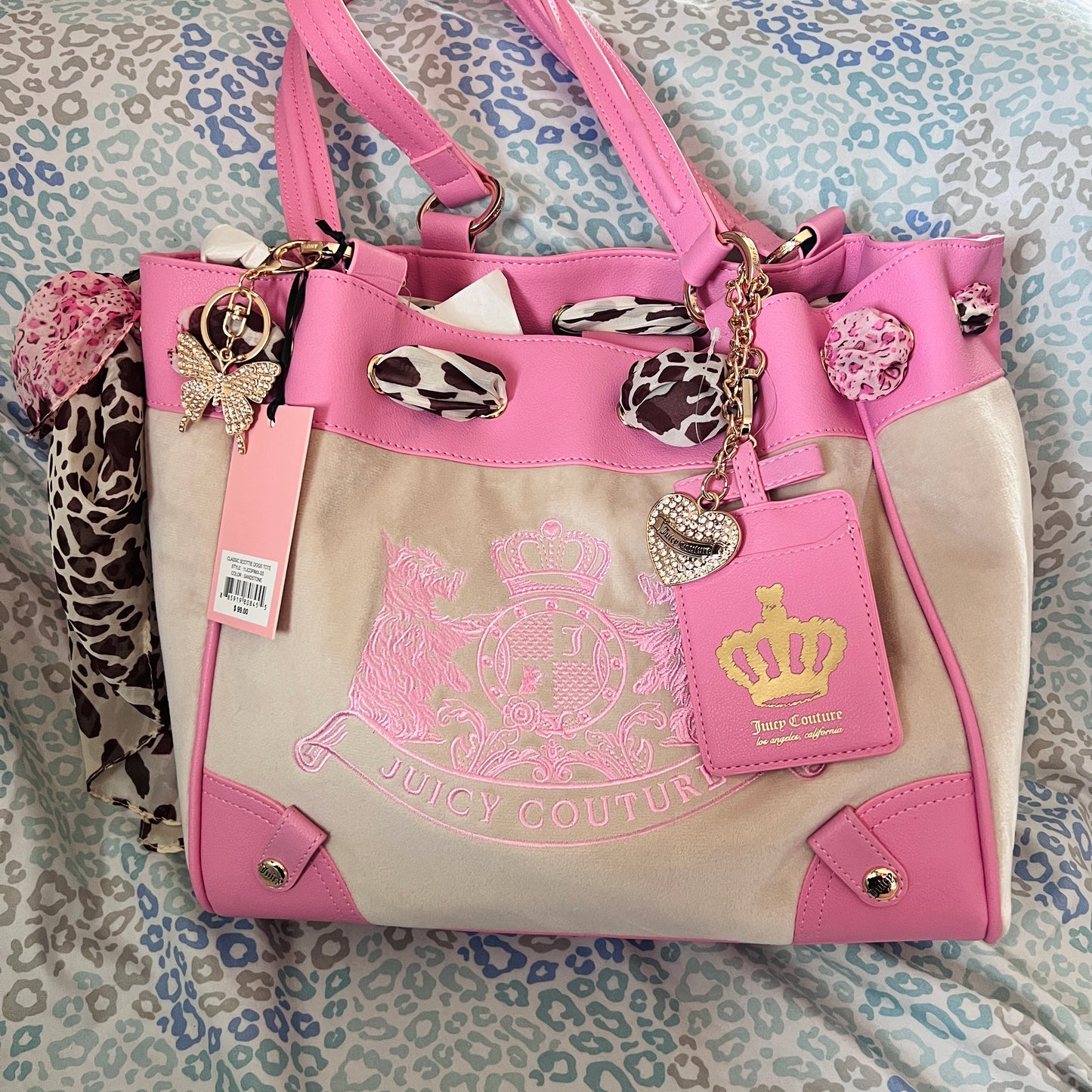 New Pink Beige Juicy Couture Purse Daydreamer Tote Bag Velour Scottie Dog Custom