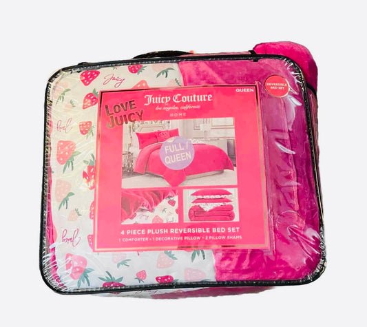 New Juicy Couture Pink Strawberry 4pc QUEEN Bed Set Comforter Shams Pillow