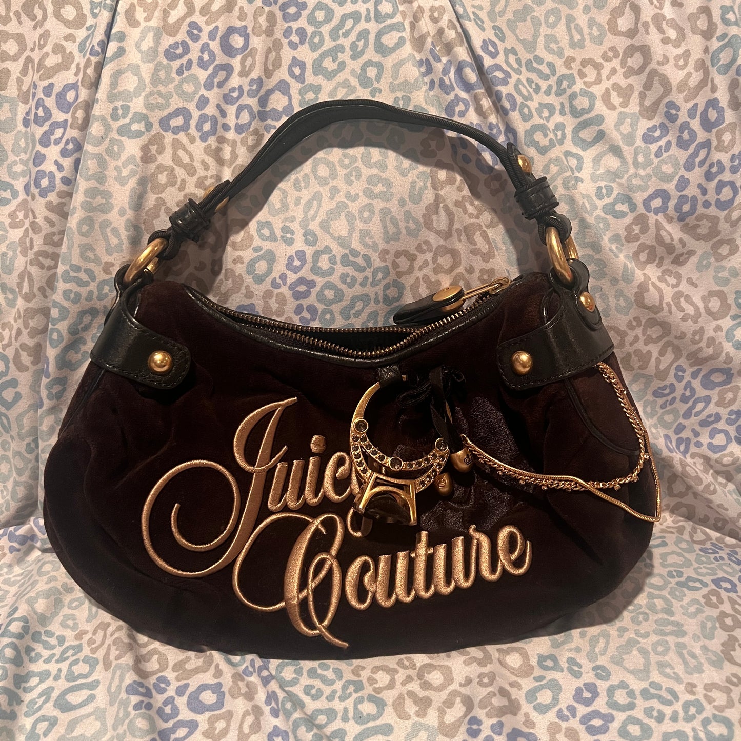 Vintage Black Juicy Couture Purse Satchel Bag Handbag Velour Y2K Ring