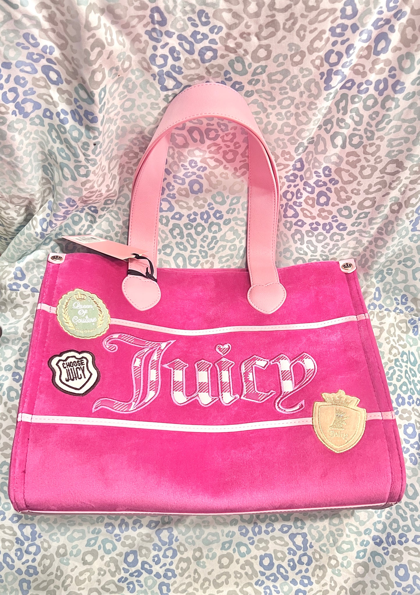 New Pink Juicy Couture Tote Bag Purse Patch Work Handbag Velour + Mini Bag Charm
