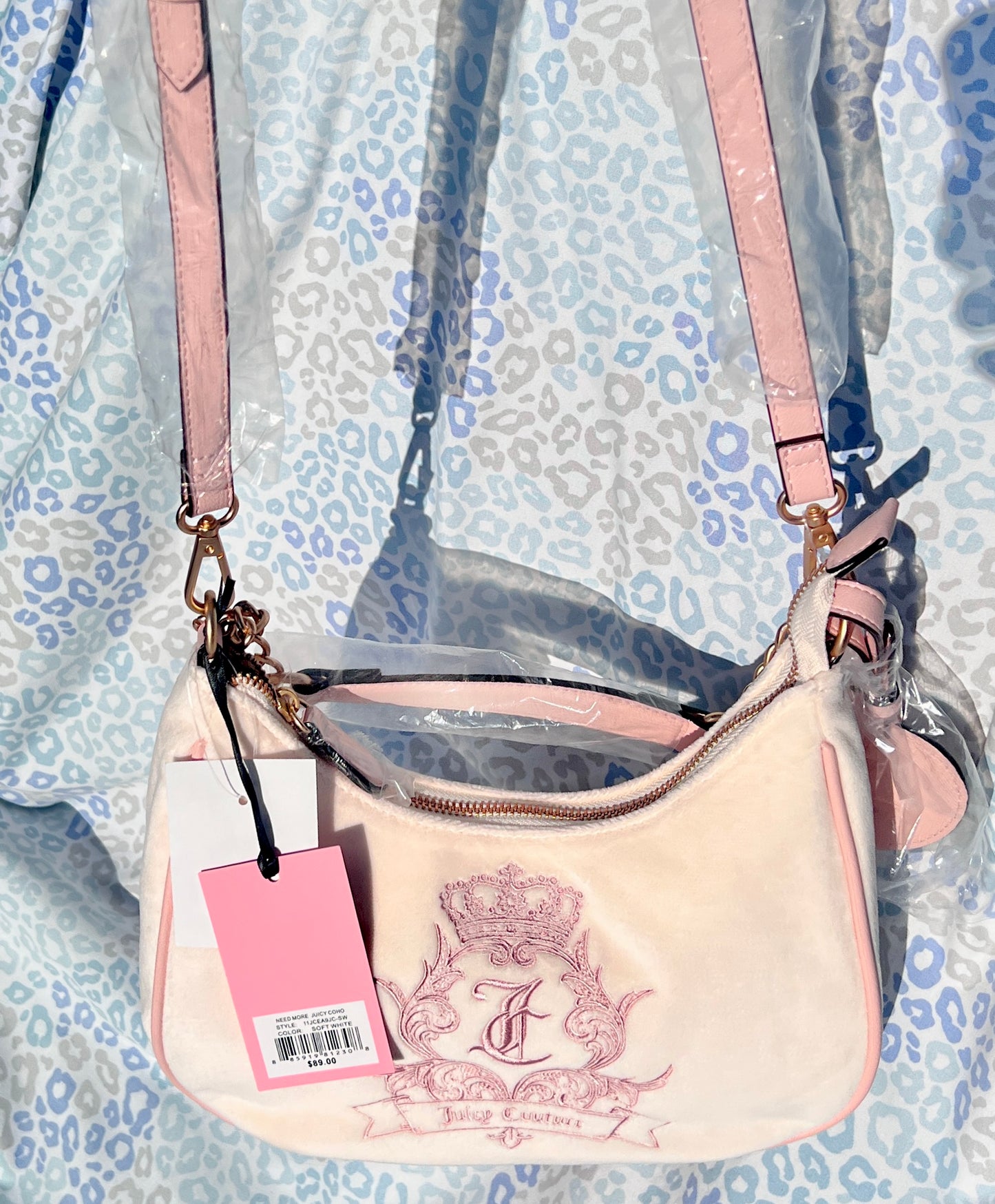 New Pink Cream Juicy Couture Purse Crossbody Bag Velvet Vintage Style
