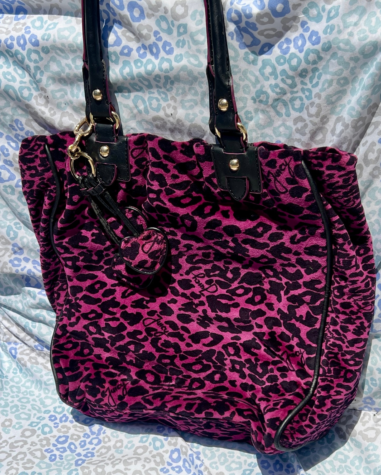Vintage Pink Juicy Couture Purse Tote Bag Leopard Print Velour Y2K Charm Cheetah