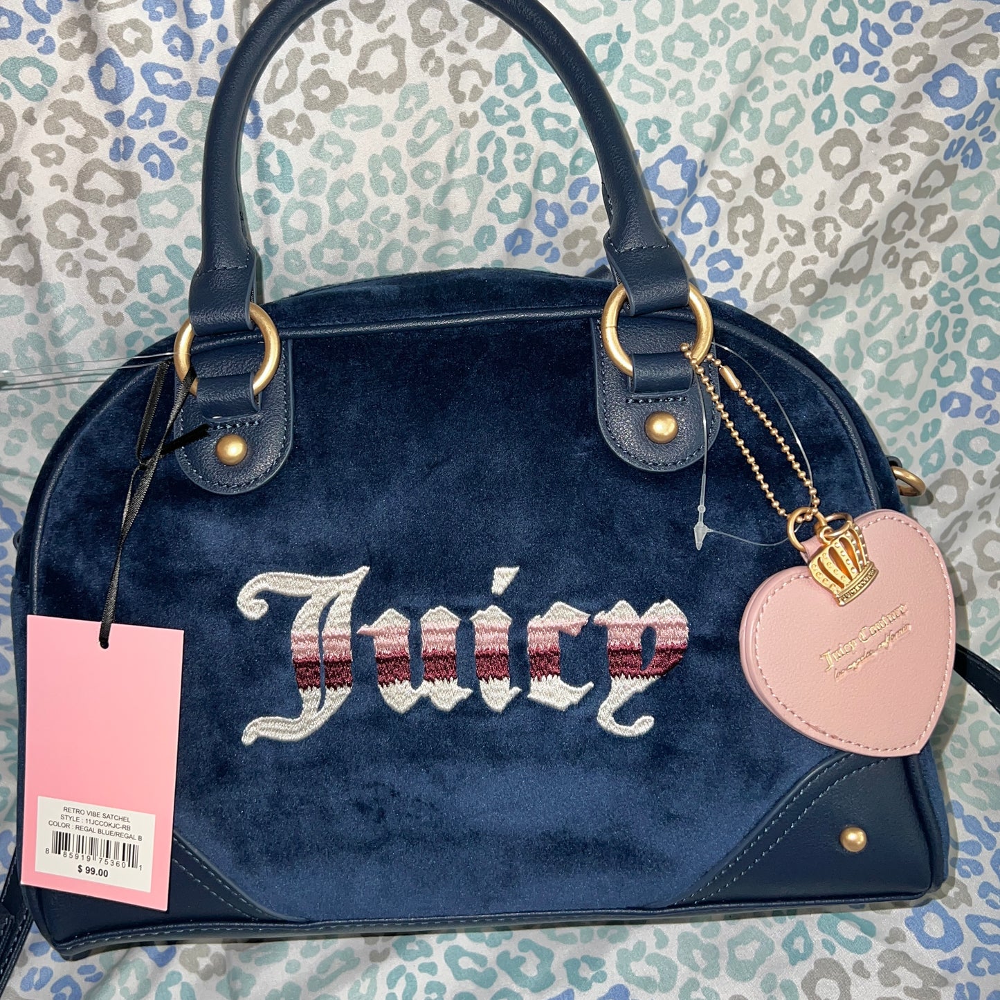 New Blue Juicy Couture Purse Handbag Bowler Bag Velour Vintage Style MSRP $99