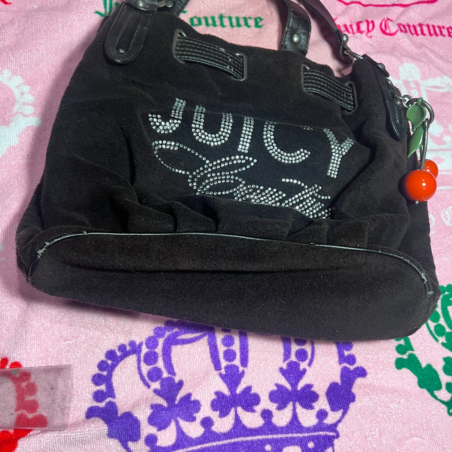 Vintage Black Juicy Couture Purse Satchel Bag Handbag Terry Cloth Y2K Cherry