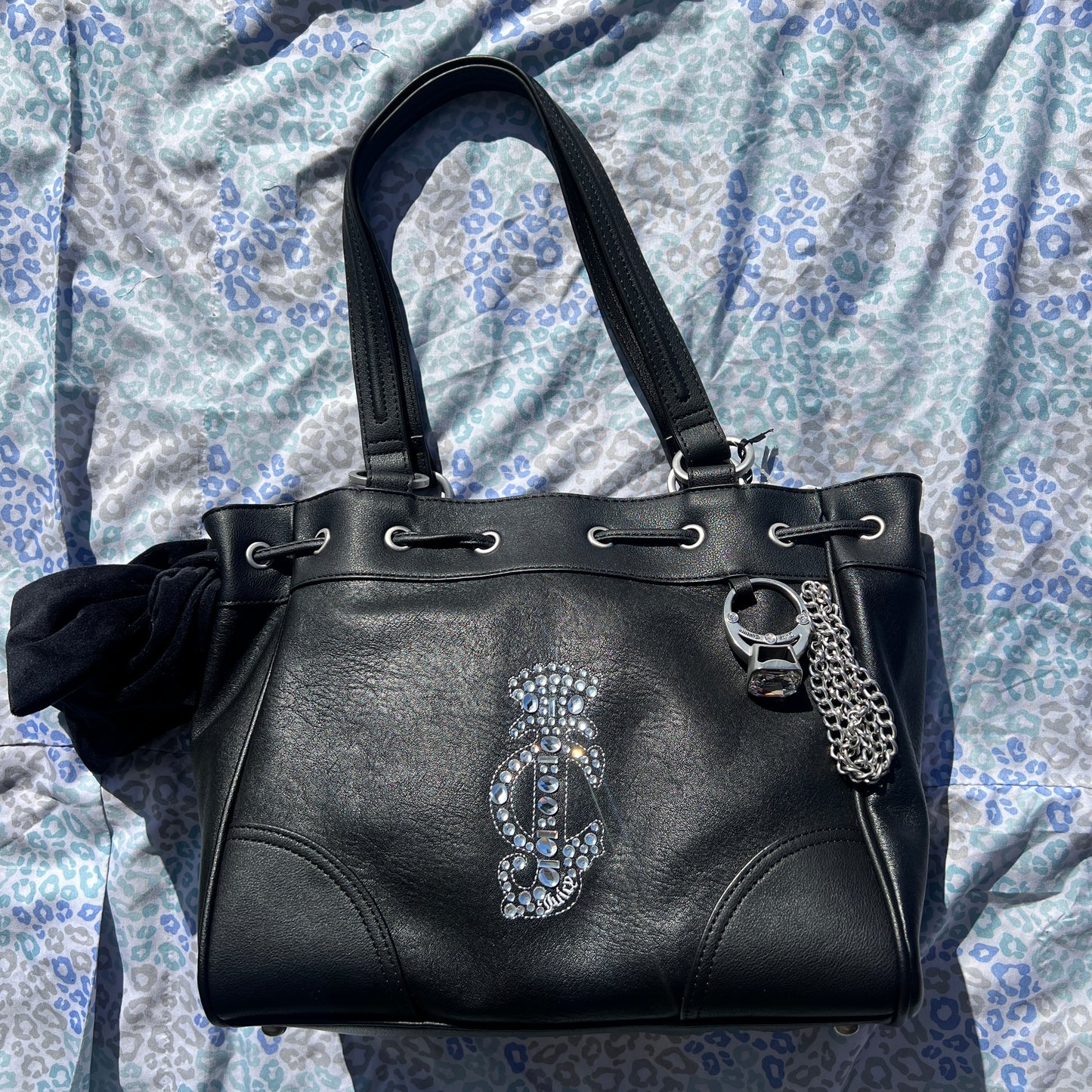 New Black Juicy Couture Purse Daydreamer Tote Bag Handbag Ring Charm Pleather