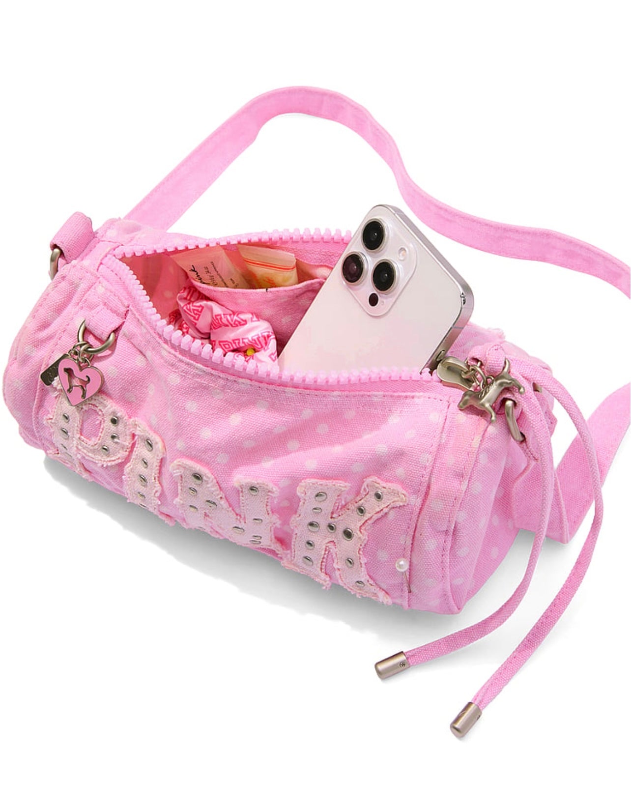 New VS Victoria’s Secret PINK Canvas Rolled Mini Duffle Shoulder Bag Polka Dot