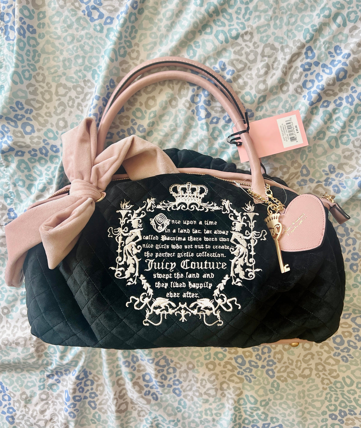 New Pink Black Juicy Couture Satchel Bag Purse Fairy Tale Story Velvet Handbag