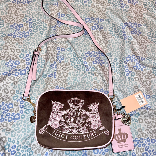 New Pink Brown Juicy Couture Purse Crossbody Bag Scottie Dog Velour Y2K Mcbling